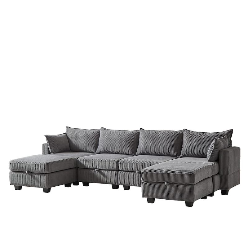 113.5" Corduroy U-Shaped Sectional Sofa with Ottoman