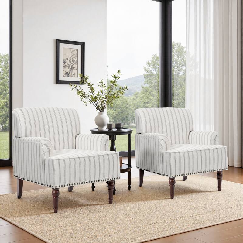 Linen Upholstered Armchair Nailhead Trim Accent Chair - PINSTRIPE LIGHT BROWN - 2 SET