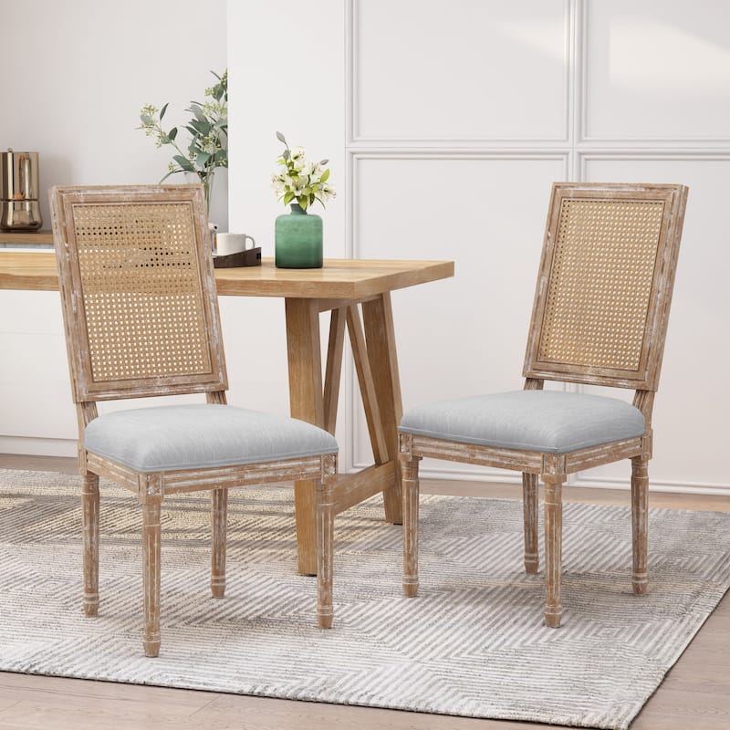 Regina French Country Wood and Cane Upholstered Dining Chairs by Christopher Knight Home - 2-Piece - Light Gray + Natural