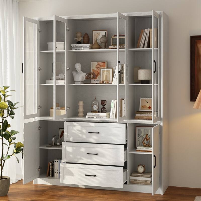 79.6" Tall Glass Display Cabinet, 6-Tier Bookshelf with Drawers Bookcae Panrty