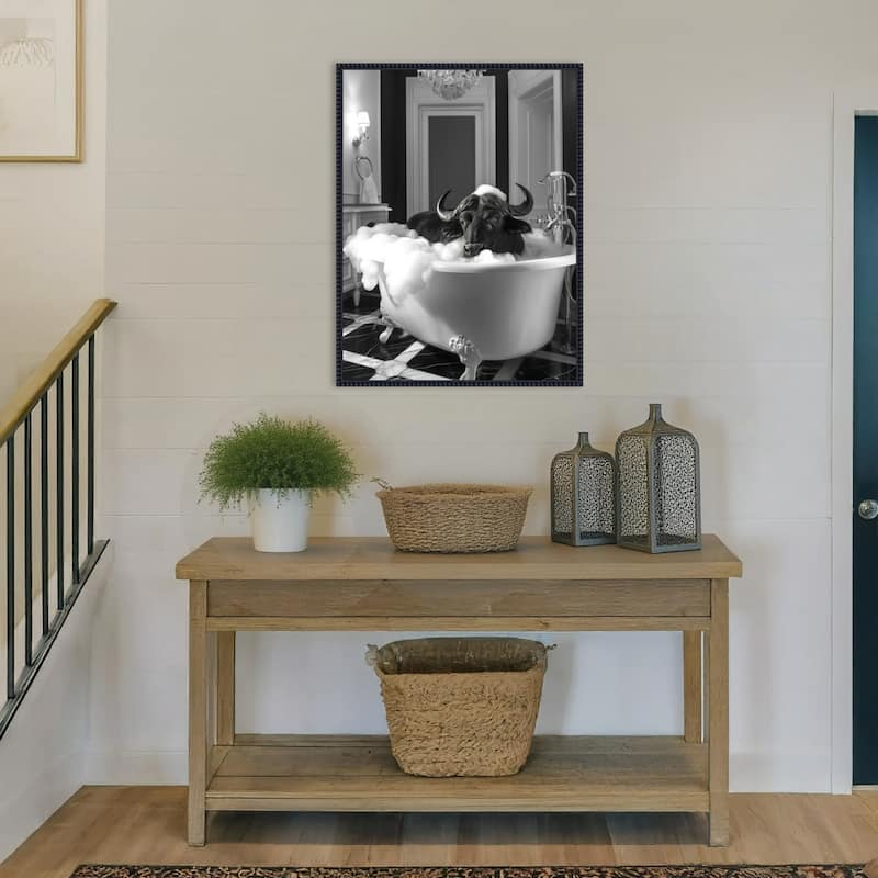 Curious Buffalo In the Tub by Niky Rahner Framed Canvas Wall Art