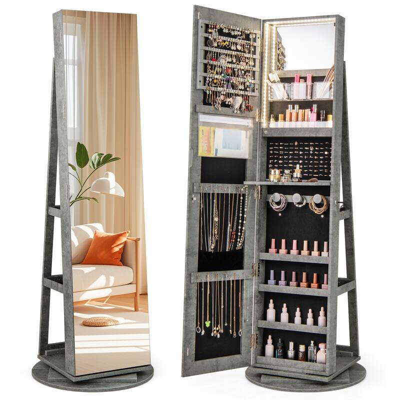 Gymax 360° Rotating Mirrored Jewelry Cabinet Armoire 3 Color LED Modes - Grey