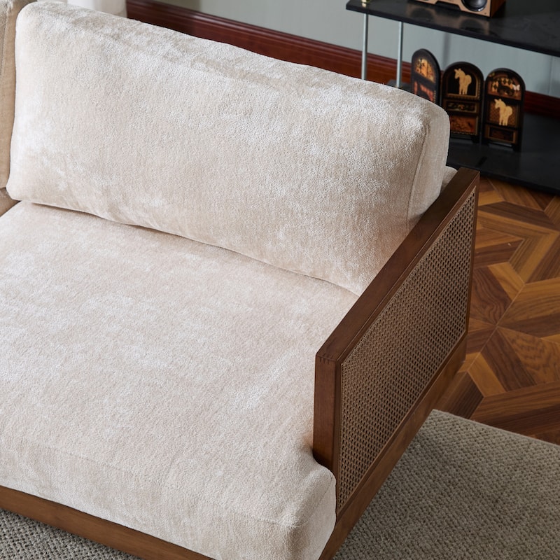 Minimalist Sofa Couch with Rattan Armrests, 3-Seater Sofa Couch Walnut Settee Couch with Wooden Frame