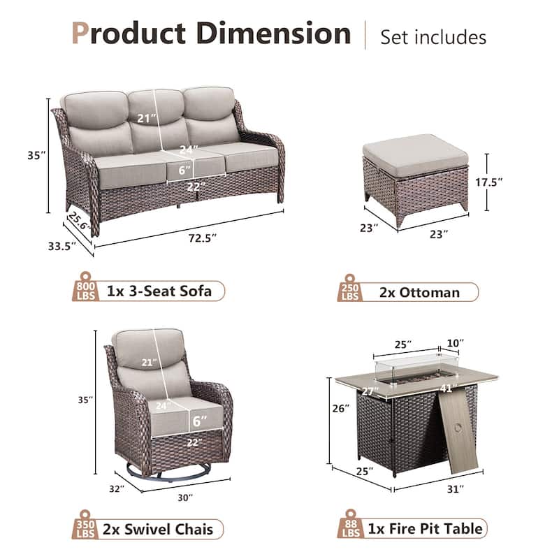 Pocassy 6 Pieces Outdoor 6 Inch Sofa Swivel Chair Ottoman with Fire Table