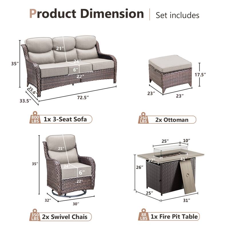 Pocassy Outdoor 6 Inch Sofa Chair Ottoman with Fire Pit Table Set