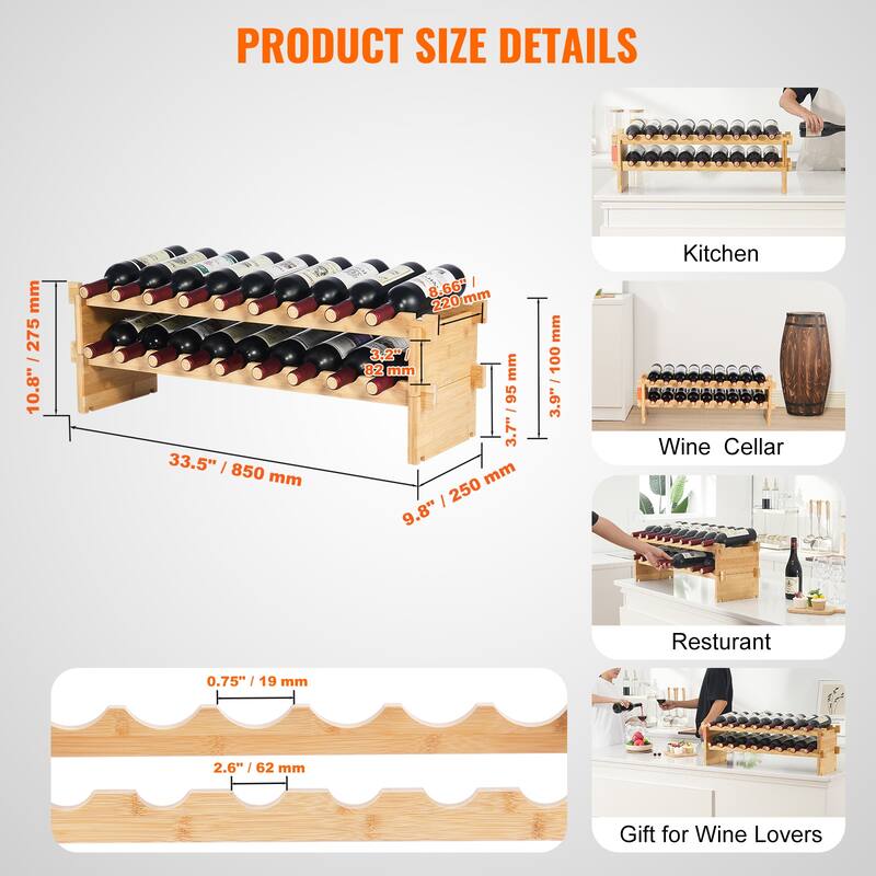 Anmytek Natural Bamboo 2 Tier Stackable Wine Rack Holds 18 Bottles for Kitchen Home Bar Expandable Storage