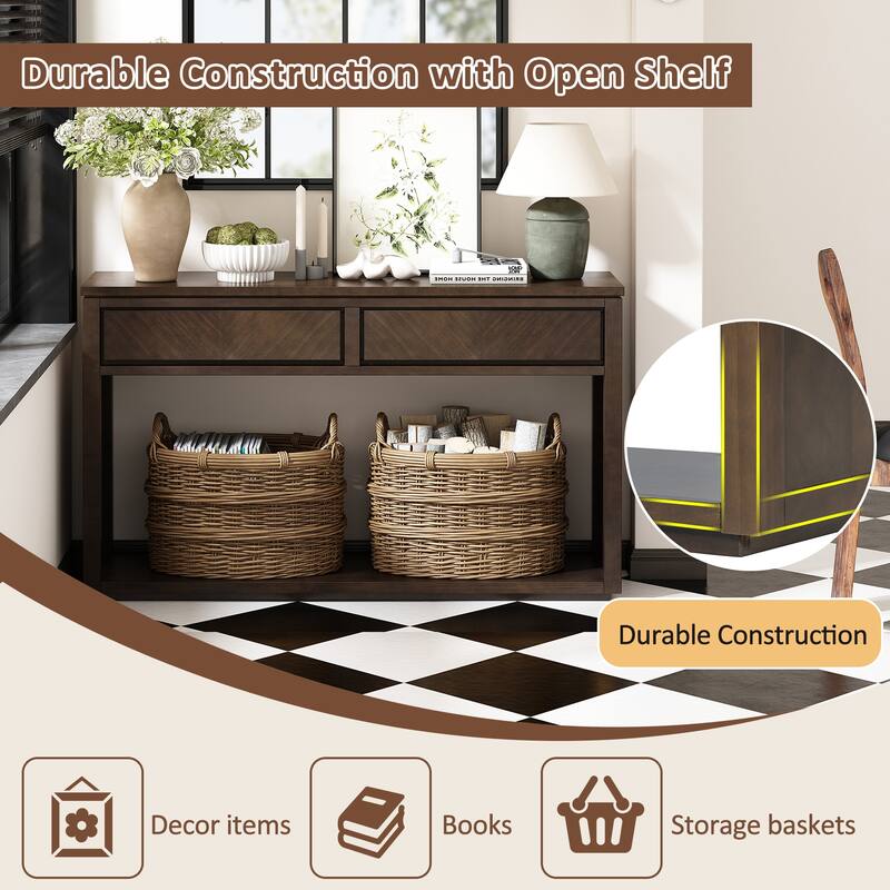 Brown Rustic Wooden Console Table with Storage Drawers