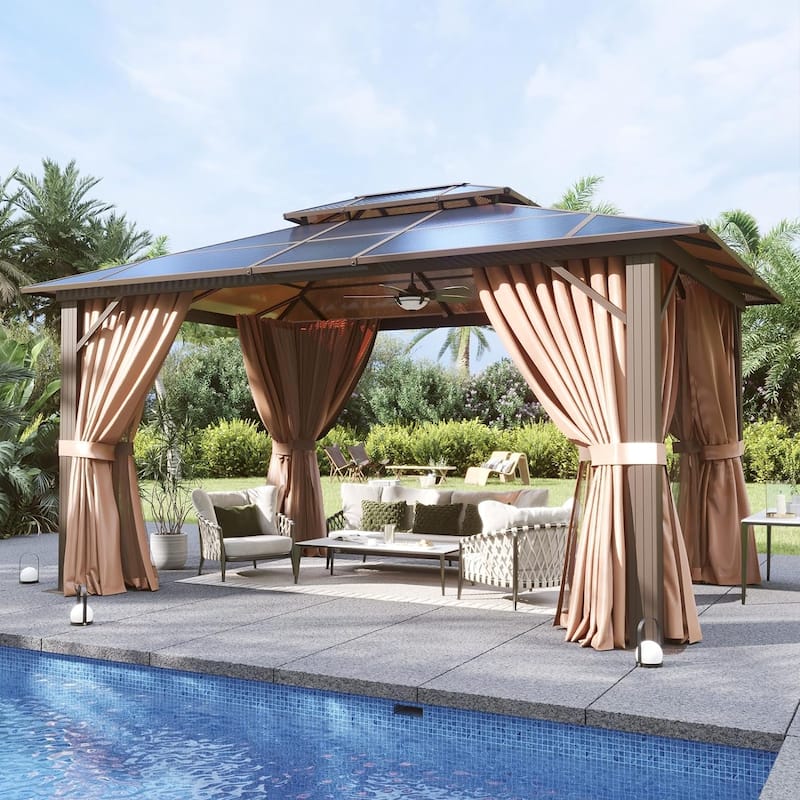 Hardtop Gazebo, Aluminum Frame Permanent Pavilion with Curtains and Netting