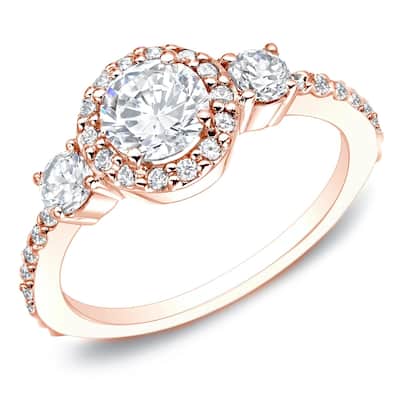 Auriya 14k Rose Gold 3/4ctw Round 3-Stone Diamond Halo Engagement Ring (G-H, I1-I2)
