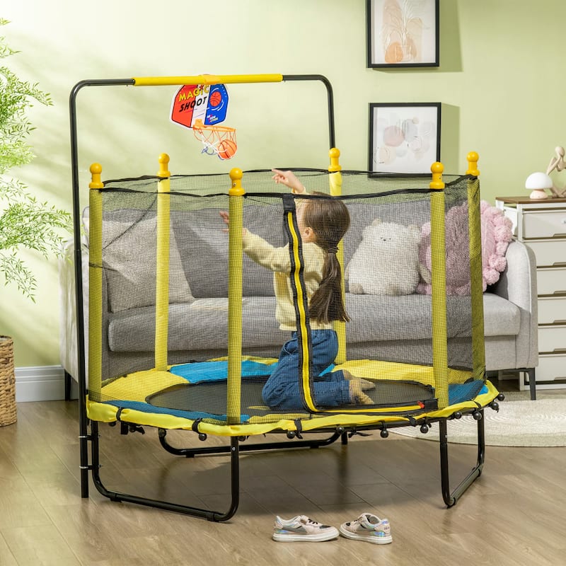 Qaba 4.6' Kids Trampoline with Basketball Hoop, Horizontal Bar, 55" Indoor Trampoline with Net