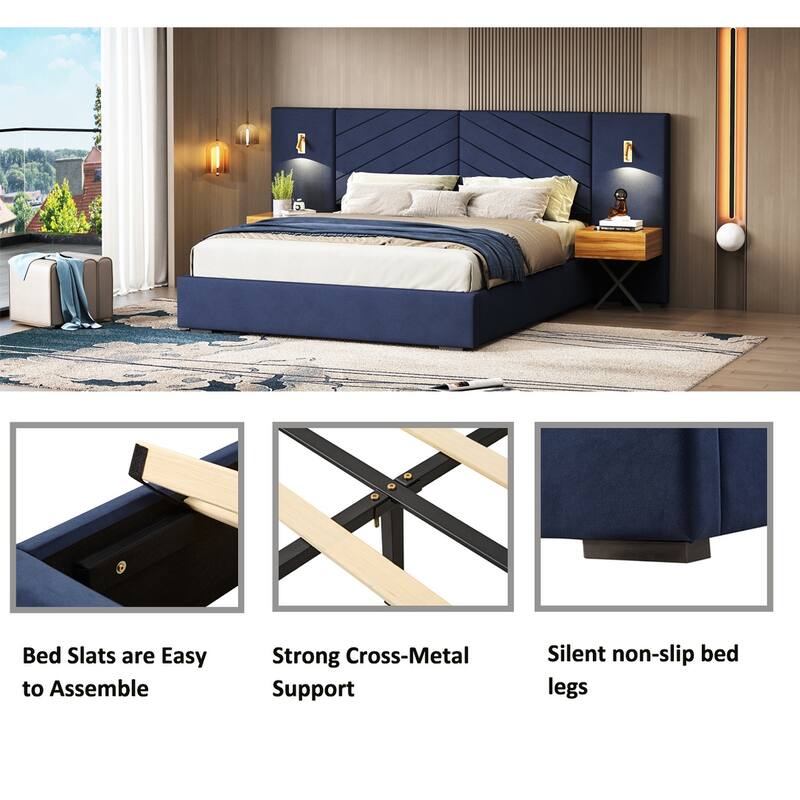Queen Size Velvet Bed Frame with Tufted Wingback Headboard, LED Lights & Wooden Slats, No Box Spring Needed