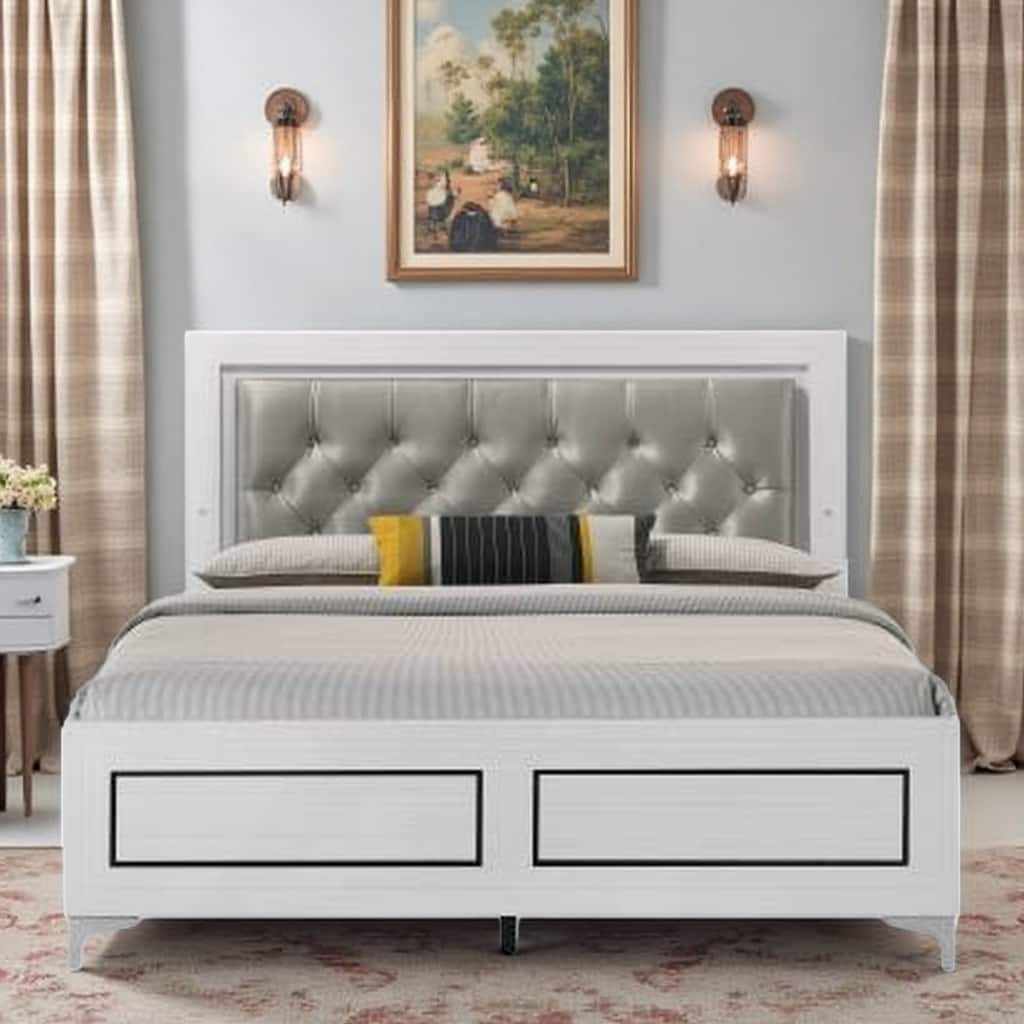 Queen Platform Bed with LED Headboard, Faux Leather Upholstery and Tufted Design with Sturdy Slats and Support Legs