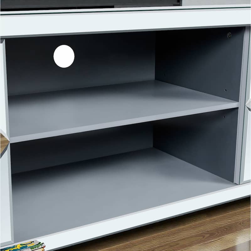 Modern Mirror TV Media Console 47 Inch, Dual Door Entertainment Center with Glass Accents for Living Room Bedroom