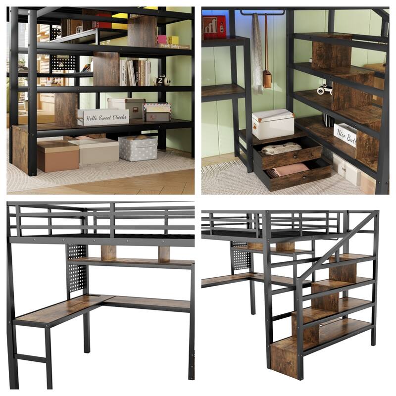 Full Size Metal Loft Bed with LED Light & Charge Station and Wardrobe