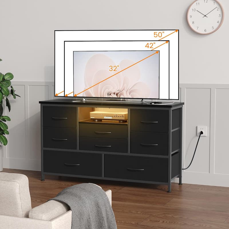 8-Drawer Fabric TV Stand with LED Lights & Built-in Power Outlets
