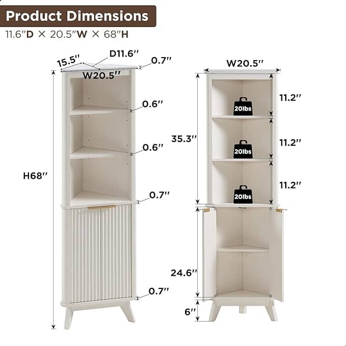68" Modern Tall Corner Cabinet, Storage Cabinet with Faux Marble Top