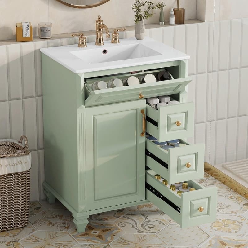 24" Bathroom Vanity with Sink, Freestanding Vanity Cabinet with Flip-Out Drawer, 3 Drawers, Ceramic Top