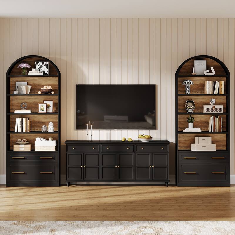 76.8" Tall Arched Bookcase, 5-Tier Modern Bookshelf with File Cabinet Drawer