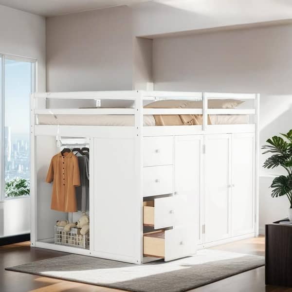 slide 2 of 20, Full Size Wood Loft Bed With Wardrobes, Cabinets and Drawers, White White