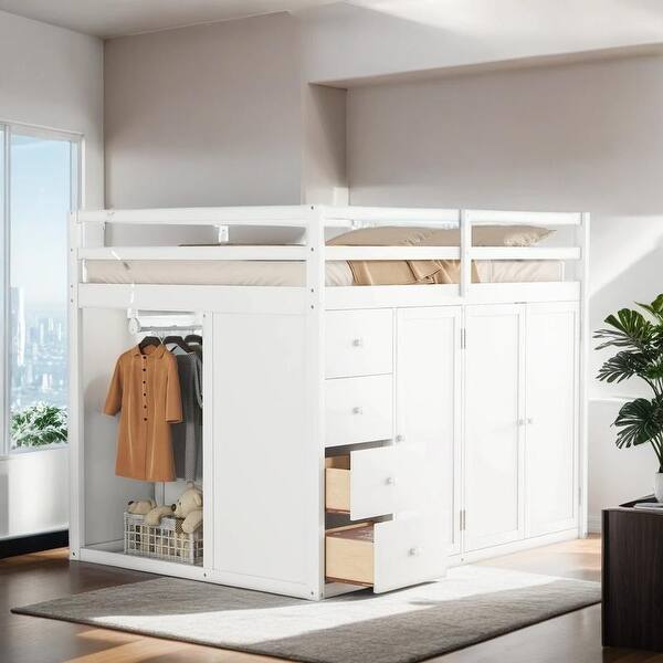 slide 2 of 20, Functional and Stylish Full Size Wood Loft Bed With Built-in Wardrobes, Cabinets and Drawers, Customizable Configuration, White White
