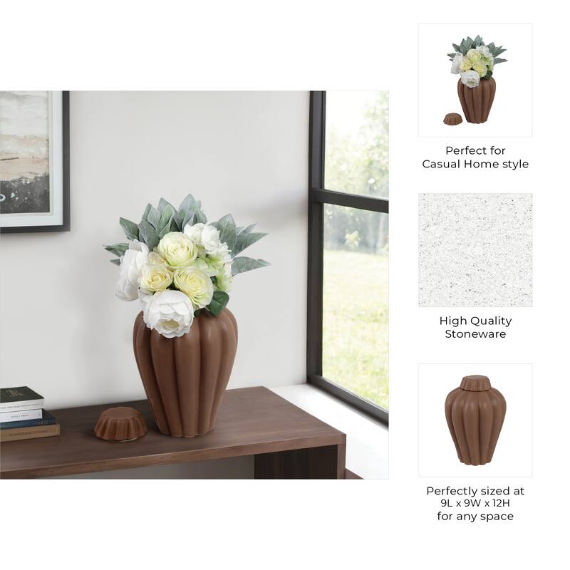 Stoneware Decorative Jar with Lid Fluted Sculpted Silhouette Style