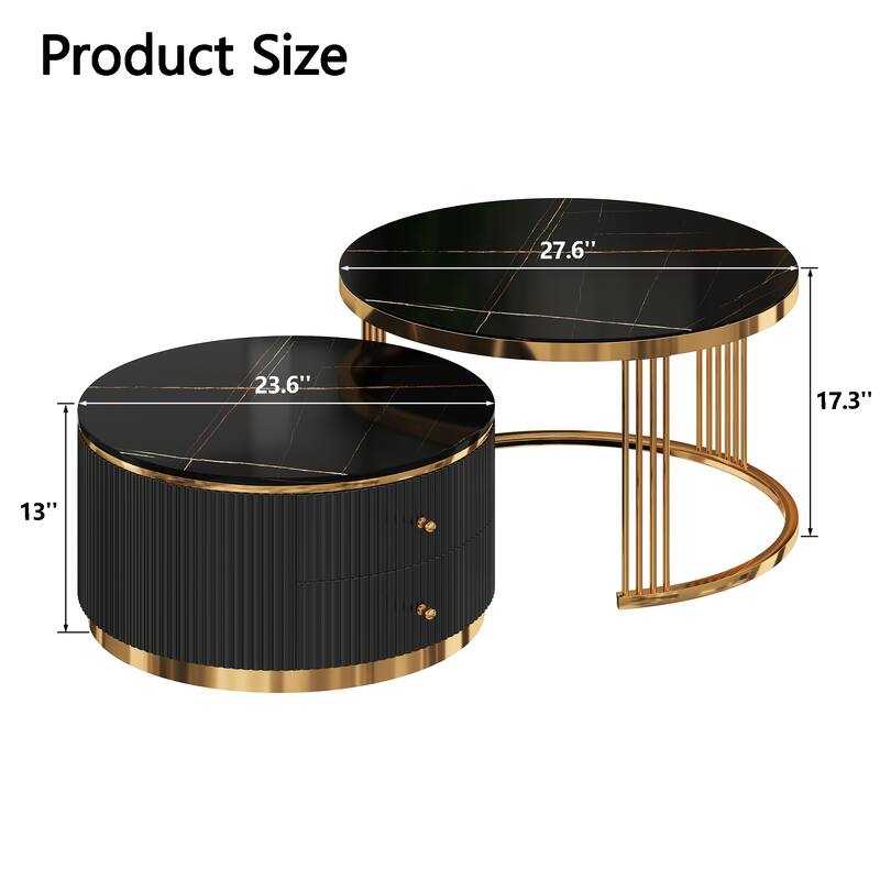 Modern Round Nesting Coffee Table Set of 2 with Drawers. MDF Top and Gold Metal Legs. Space Saving Accent Tables