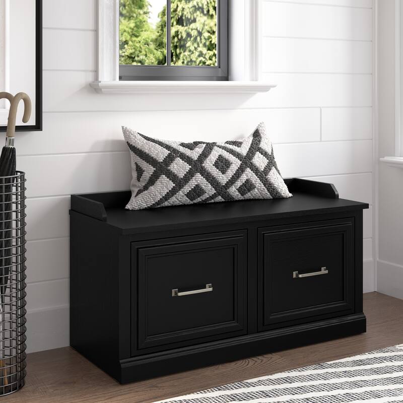 Woodland 40W Shoe Storage Bench with Doors by Bush Furniture - Black Suede Oak