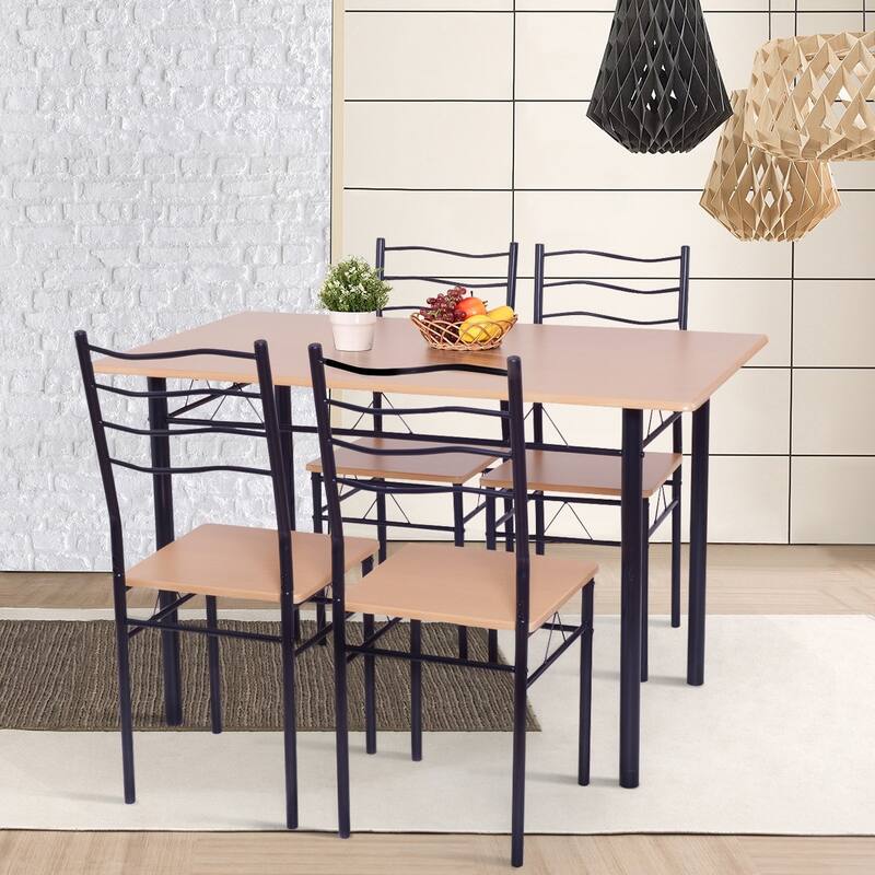5 pcs Wood Metal Dining Table Set with 4 Chairs - Natural