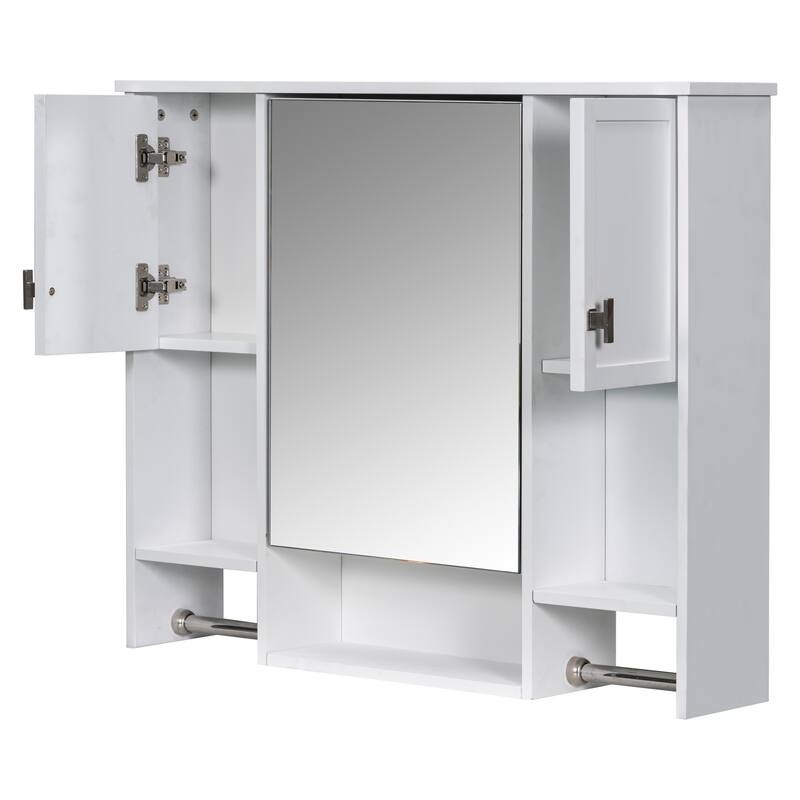 35'' x 28'' Modern Wall Mounted Bathroom Storage Cabinet with Mirror, 3 Doors, Adjustable Shelves, Towel Bar, Black