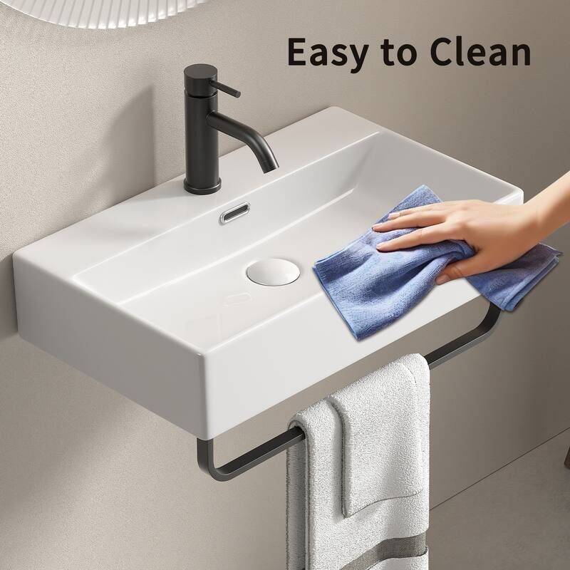 GDFStudio - Vale Modern Ceramic Wall Mounted Vessel Sink with Integrated Towel Bar and Faucet Hole