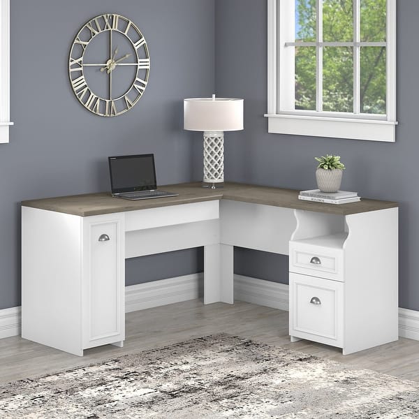 Fairview 60w L Shaped Desk And Storage Cabinet By Bush Furniture Overstock 31451729 Shiplap Gray Pure White