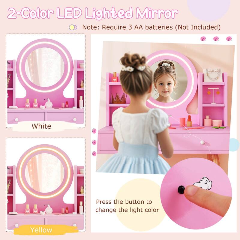 Costway Kids Vanity Set Princess Vanity Desk Set with 2-Color LED - See Details