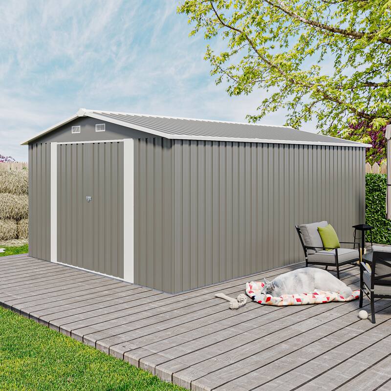 Campcraft Outdoor Storage Shed 10×14 FT with 3 Lockable Doors,4 Air Vents & Sloped Roof,Utility Tool Shed