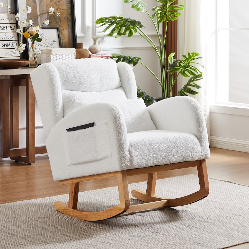 Modern Accent Rocking Chair with Pillow, High Backrest Arm Chair Accent Chair Glider Lounger with 2 Side Pockets for Living Room