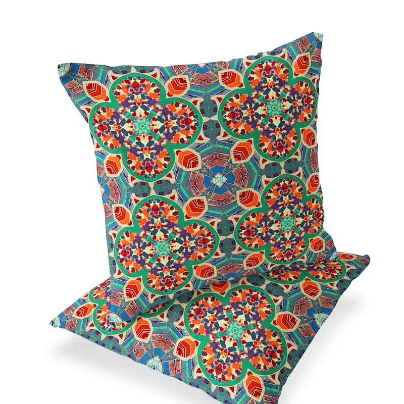 HomeRoots Set of Two 16" X 16" Blue and Orange Blown Seam Floral Indoor Outdoor Throw Pillow - 16.00' X '16.00' X '5.00