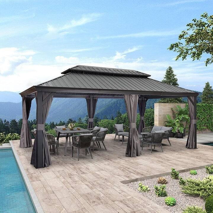 PURPLE LEAF Outdoor Galvanized Steel Hardtop Gazebo, Aluminum Frame Gazebo With Curtains - 12' x 20' - Gazebo Grey