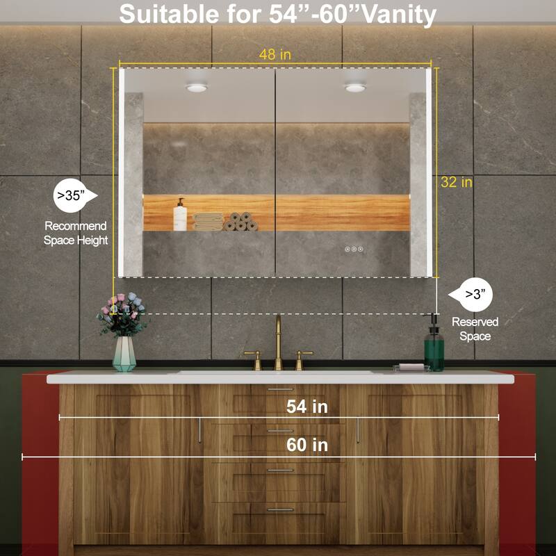 Chloe LED Medicine Cabinet with Mirror, Dimmable, Anti-fog, Adjustable Glass Shelves, Recessed or Surface Mount