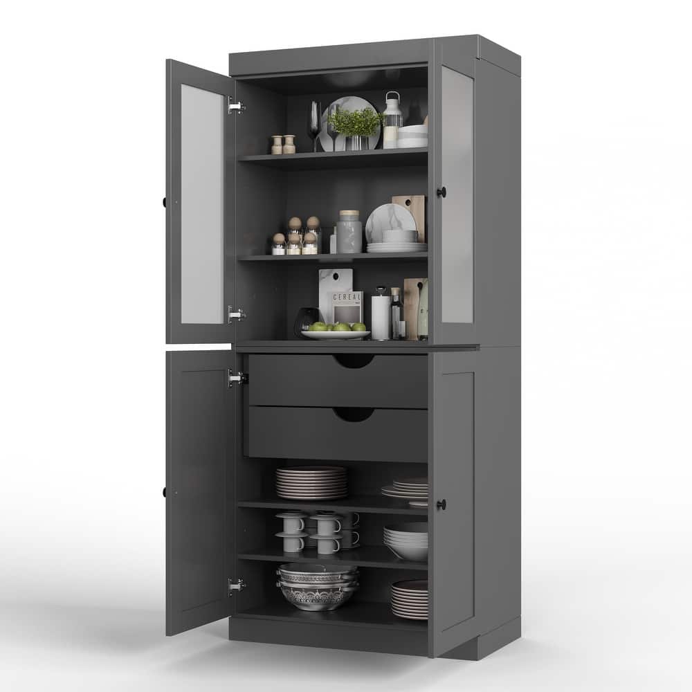 Palace Imports 100% Solid Wood 32" Pantry Cabinet with Frosted Glass, Shaker Doors, 2-Drawers and Adjustable Shelves