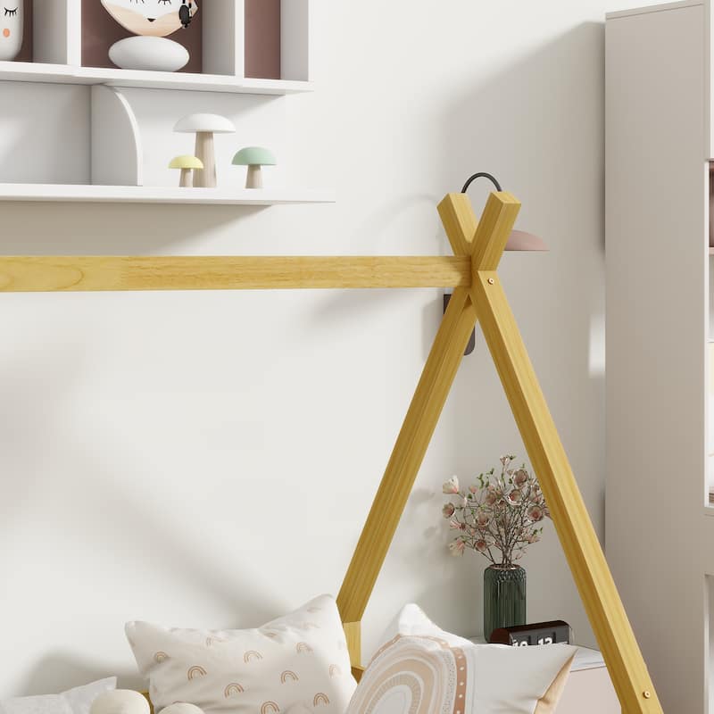 Twin Size Teepee Floor Bed with Guardrails, Natural Wood Design, No Spring Box Needed