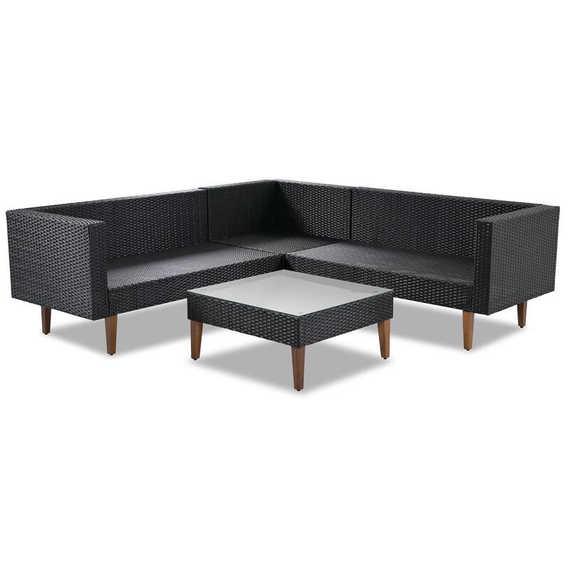 4-Piece Outdoor Wicker L-Shaped Sofa Set with Adjustable Wood Legs, Weather-Resistant Cushions & Colorful Pillows