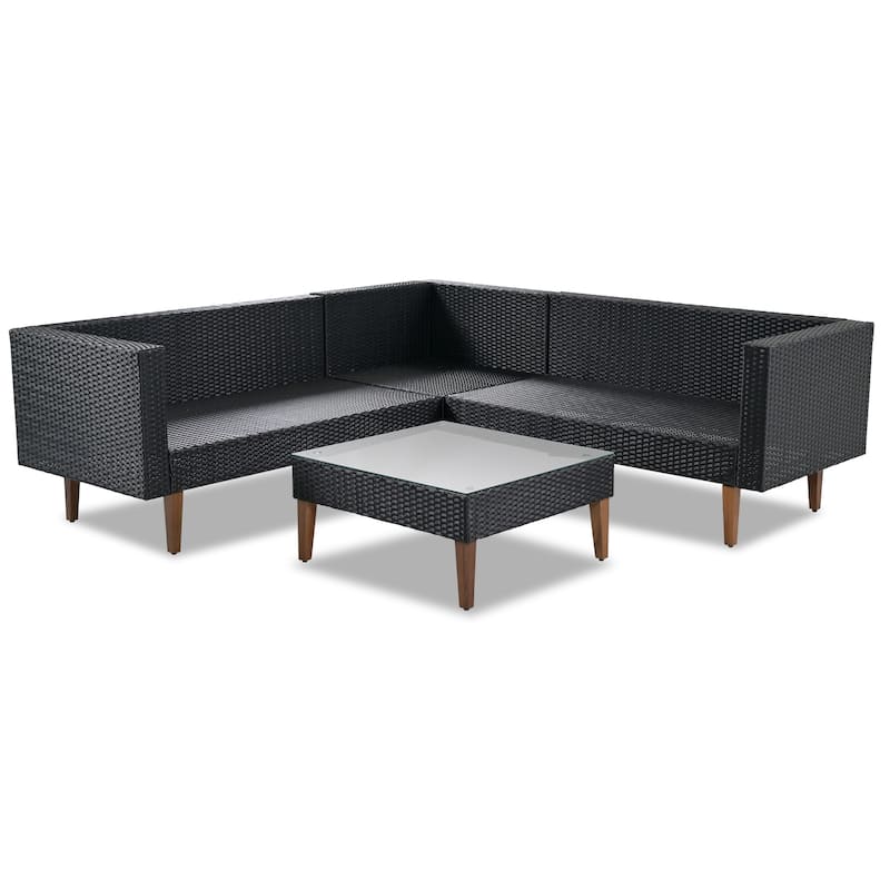 Roomfitters 4-Piece Outdoor Sectional Sofa Set with Glass Coffee Table, Tapered Wood Legs Rattan Furniture, Black+Gray
