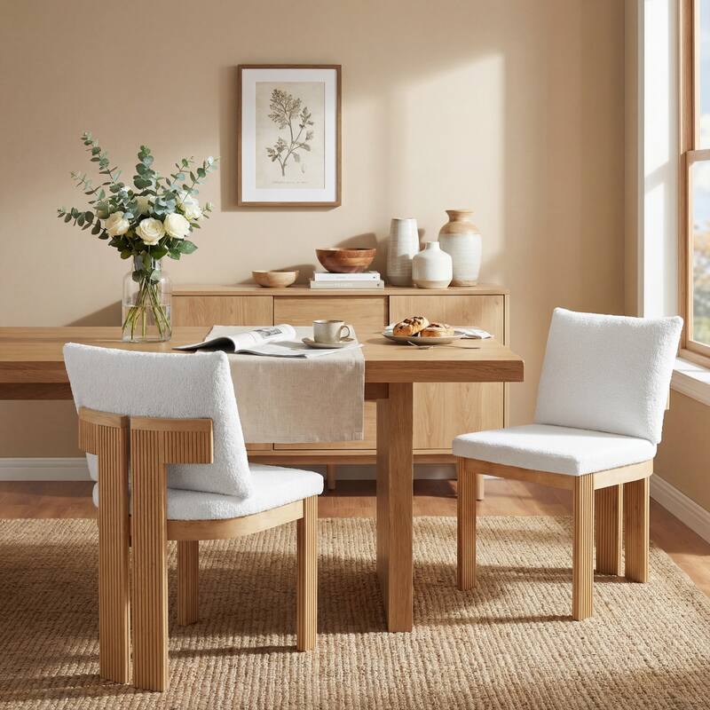 Christopher Knight Home - Modern 20.67" Boucle Upholstered Dining Chairs Set, Ergonomic Contoured Seat & Solid Wood Legs - Set of 2 - Natural Leg+Beige Fabric