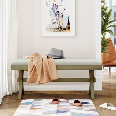 Farmhouse Rustic Wood Kitchen Upholstered  Dining Bench,Gray Green