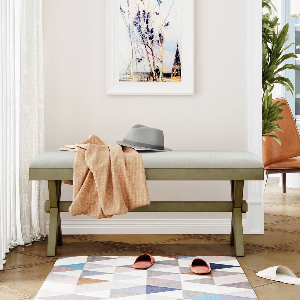 Farmhouse Rustic Wood Kitchen Upholstered Dining Bench,Gray Green