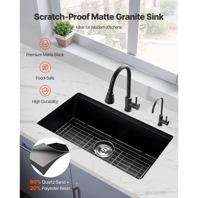Black Granite Undermount Kitchen Sink with Single Bowl and Cutting Board and Roll-Up Rack