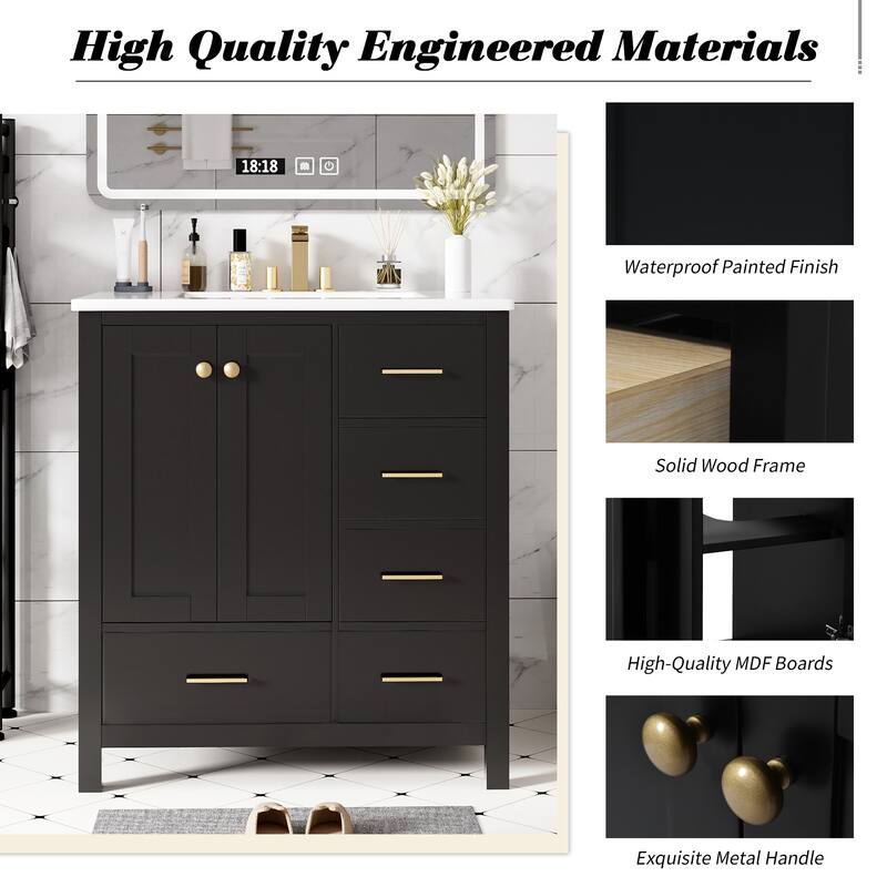 30" Freestanding Bathroom Vanity with Ceramic Sink, Solid Wood Frame & 4 Drawers for Ample Storage