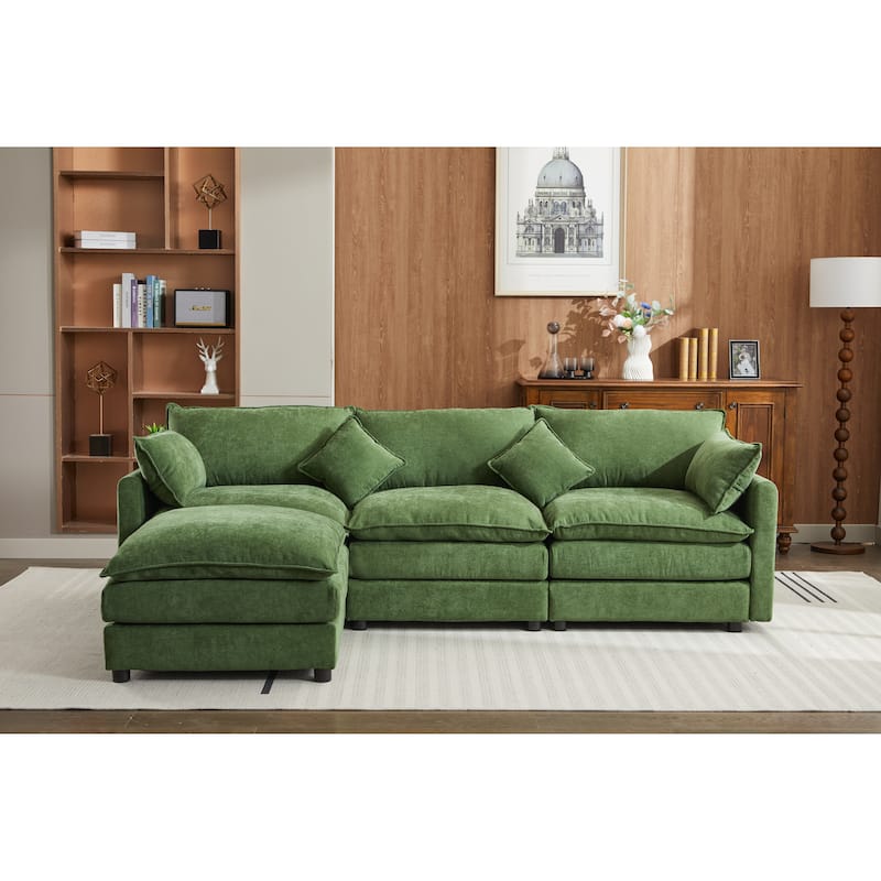 Minimalist Chenille Modular Sectional Sofa, 3-Seater L-Shaped Couch with Movable Ottoman, Upholstered Sofa for Living Room