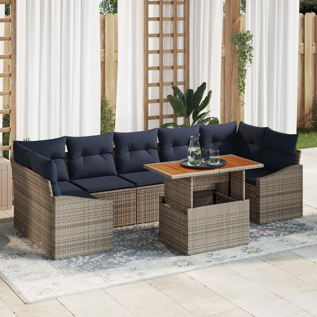vidaXL 8 Piece Garden Sofa Set with Cushions Grey Poly Rattan Acacia - 113.8×48.6×27.2