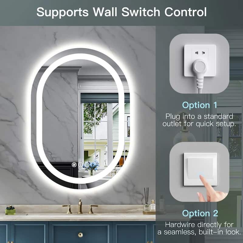 Oval Front & Back LED Lighted Anti-fog Tempered Glass Wall Bathroom Vanity Mirror, ETL Certified, 3-Year Warranty