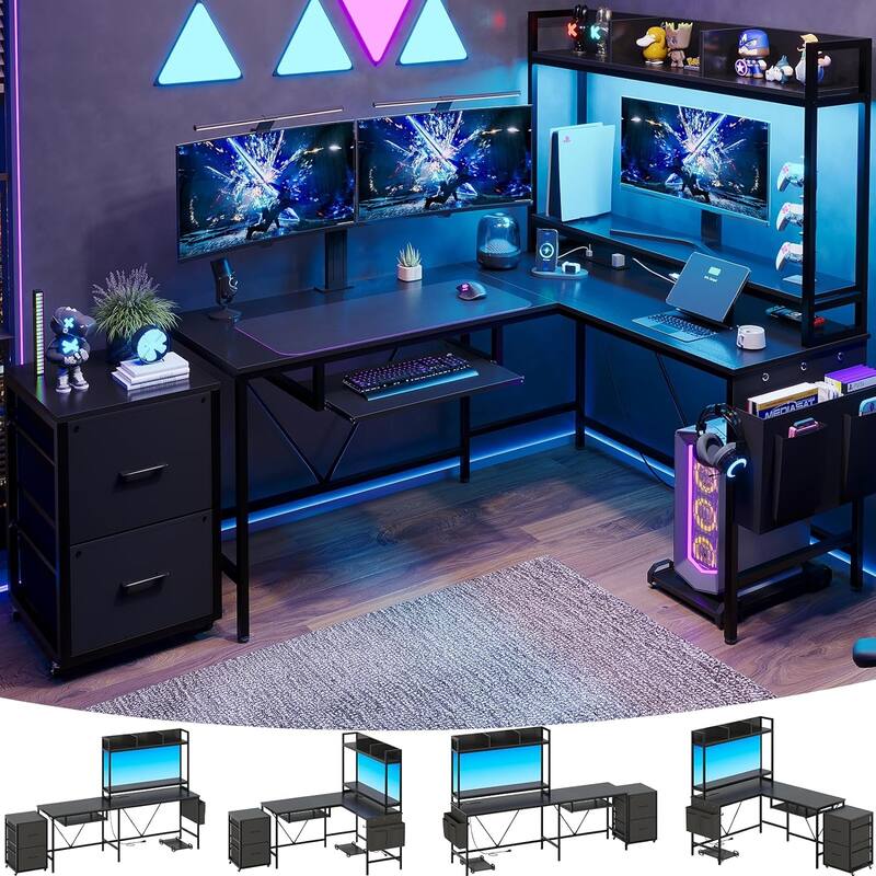 Reversible L Shaped Gaming Desk Power Outlet LED Light